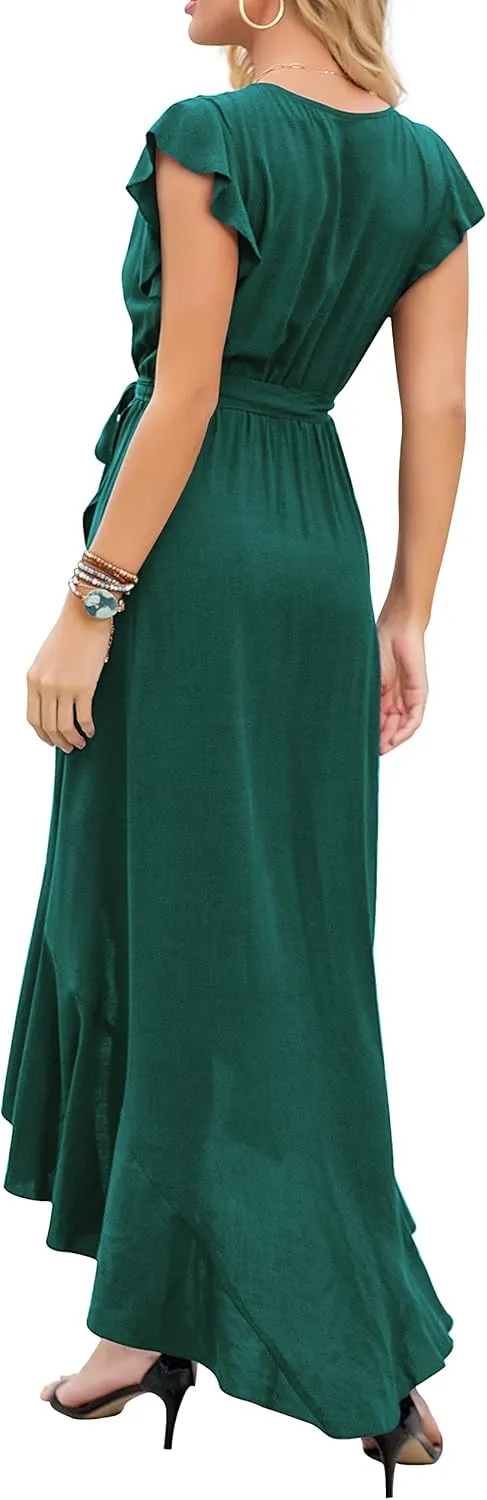 GRECERELLE 2025 Women's Spring Summer Boho Floral Print V-Neck Faux Wrap Maxi Dress for Wedding Guest, Graduation, Party