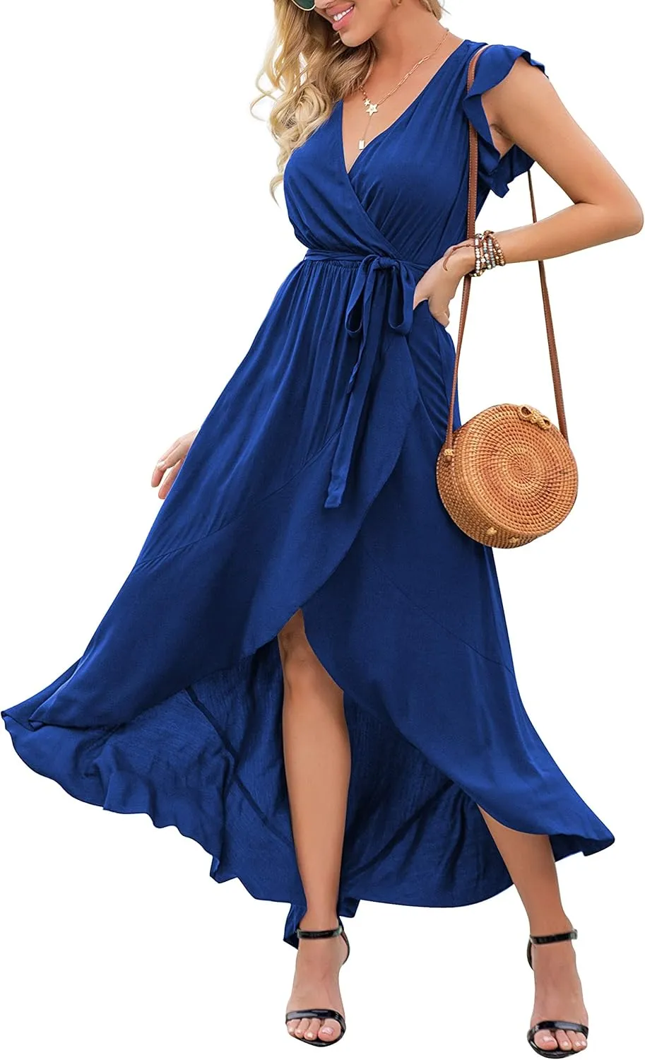 GRECERELLE 2025 Women's Spring Summer Boho Floral Print V-Neck Faux Wrap Maxi Dress for Wedding Guest, Graduation, Party