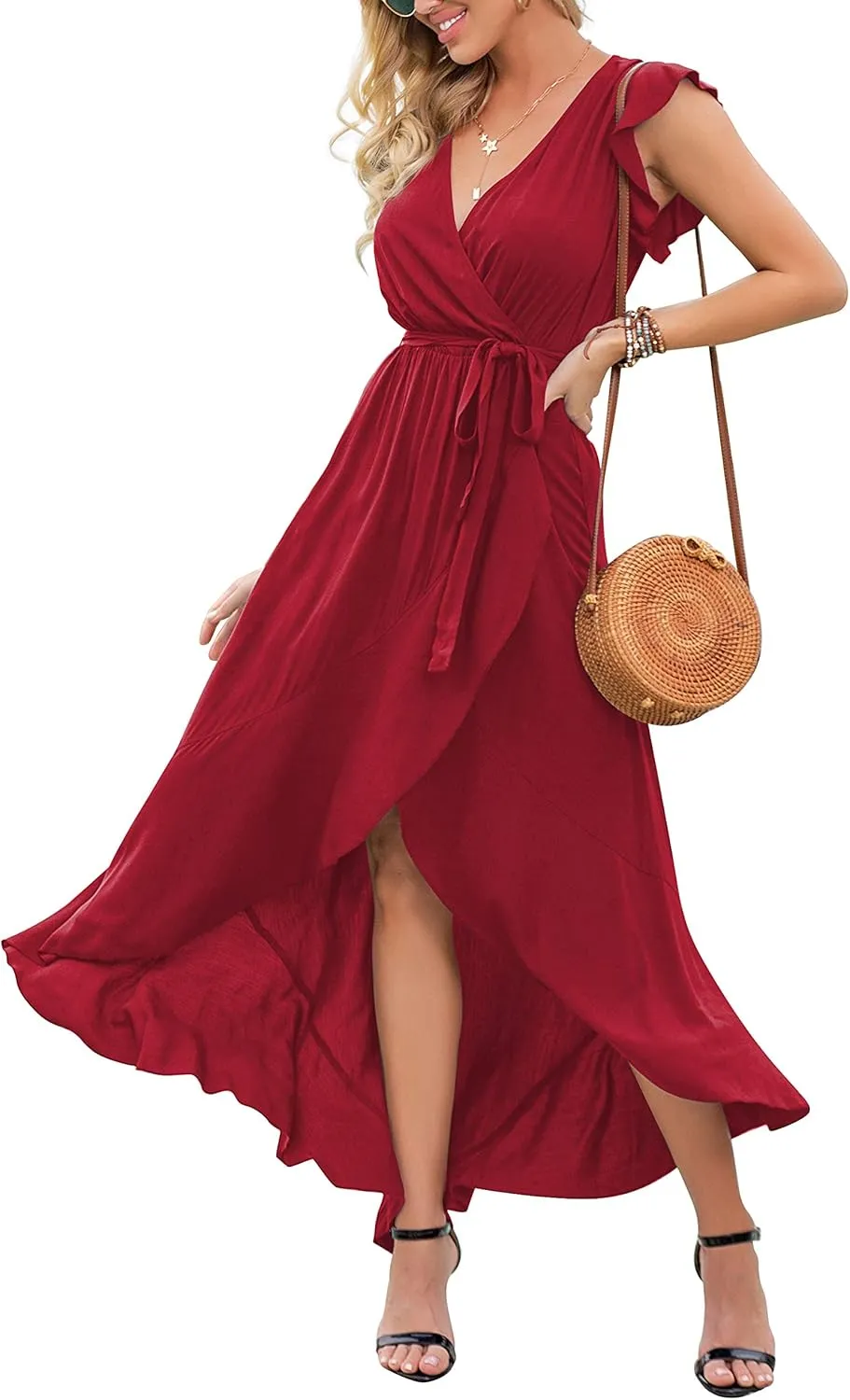 GRECERELLE 2025 Women's Spring Summer Boho Floral Print V-Neck Faux Wrap Maxi Dress for Wedding Guest, Graduation, Party