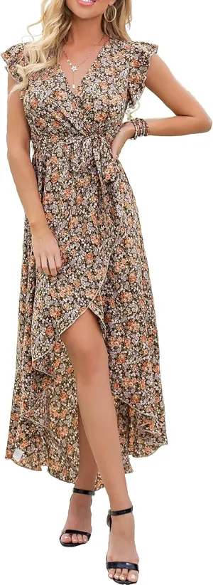 GRECERELLE 2025 Women's Spring Summer Boho Floral Print V-Neck Faux Wrap Maxi Dress for Wedding Guest, Graduation, Party