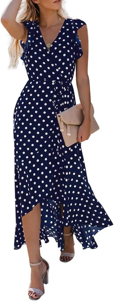 GRECERELLE 2025 Women's Spring Summer Boho Floral Print V-Neck Faux Wrap Maxi Dress for Wedding Guest, Graduation, Party