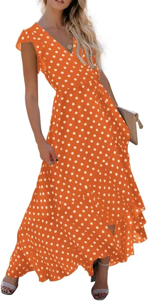 GRECERELLE 2025 Women's Spring Summer Boho Floral Print V-Neck Faux Wrap Maxi Dress for Wedding Guest, Graduation, Party