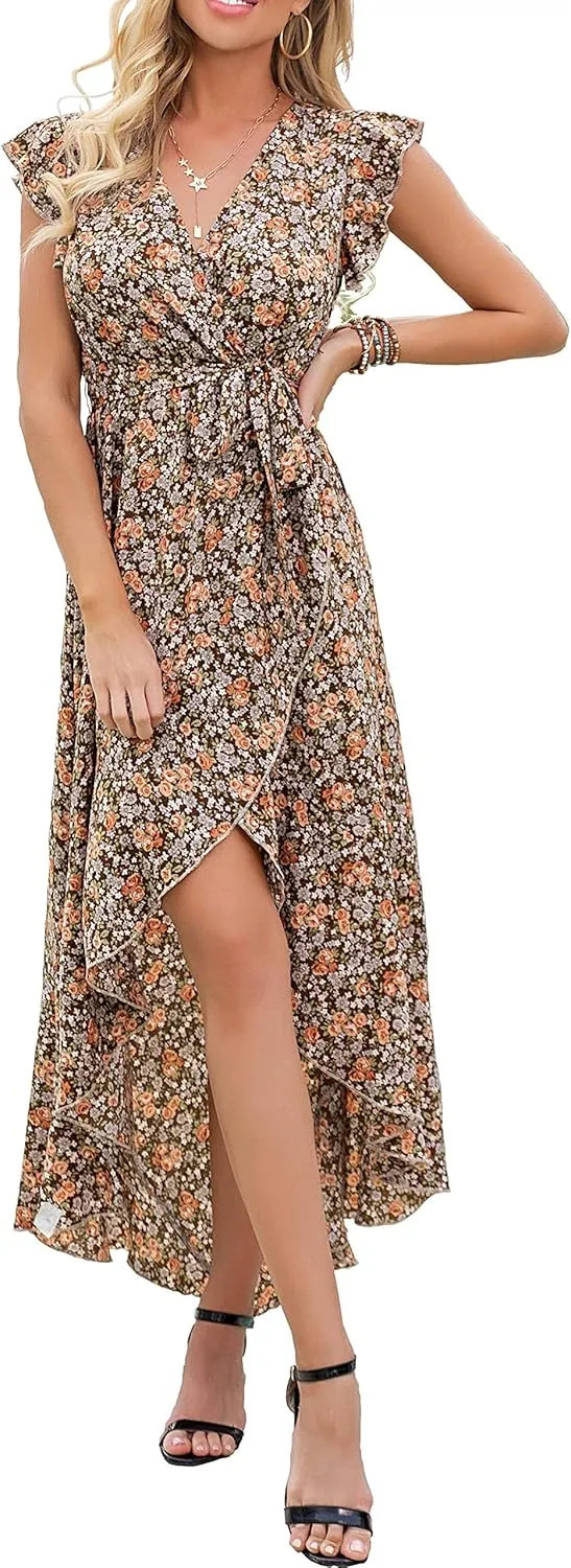 GRECERELLE 2025 Women's Spring Summer Boho Floral Print V-Neck Faux Wrap Maxi Dress for Wedding Guest, Graduation, Party