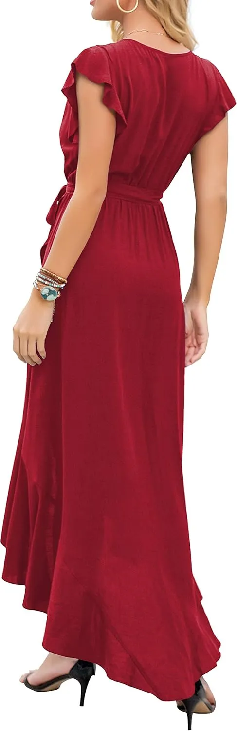GRECERELLE 2025 Women's Spring Summer Boho Floral Print V-Neck Faux Wrap Maxi Dress for Wedding Guest, Graduation, Party