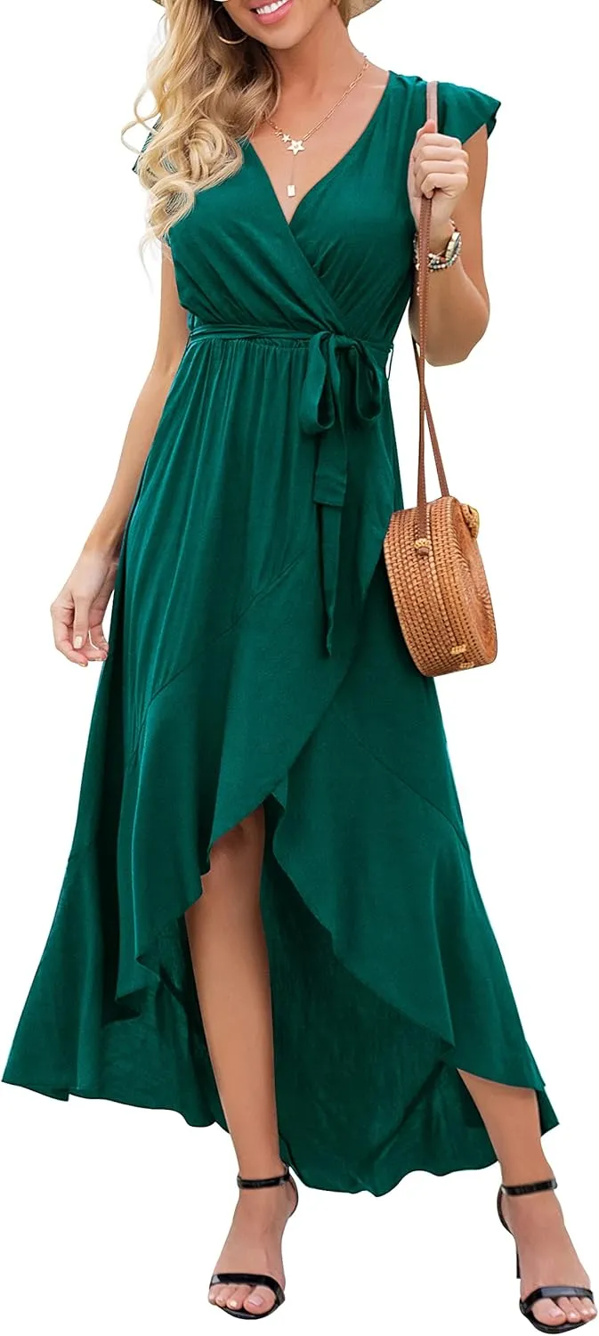 GRECERELLE 2025 Women's Spring Summer Boho Floral Print V-Neck Faux Wrap Maxi Dress for Wedding Guest, Graduation, Party