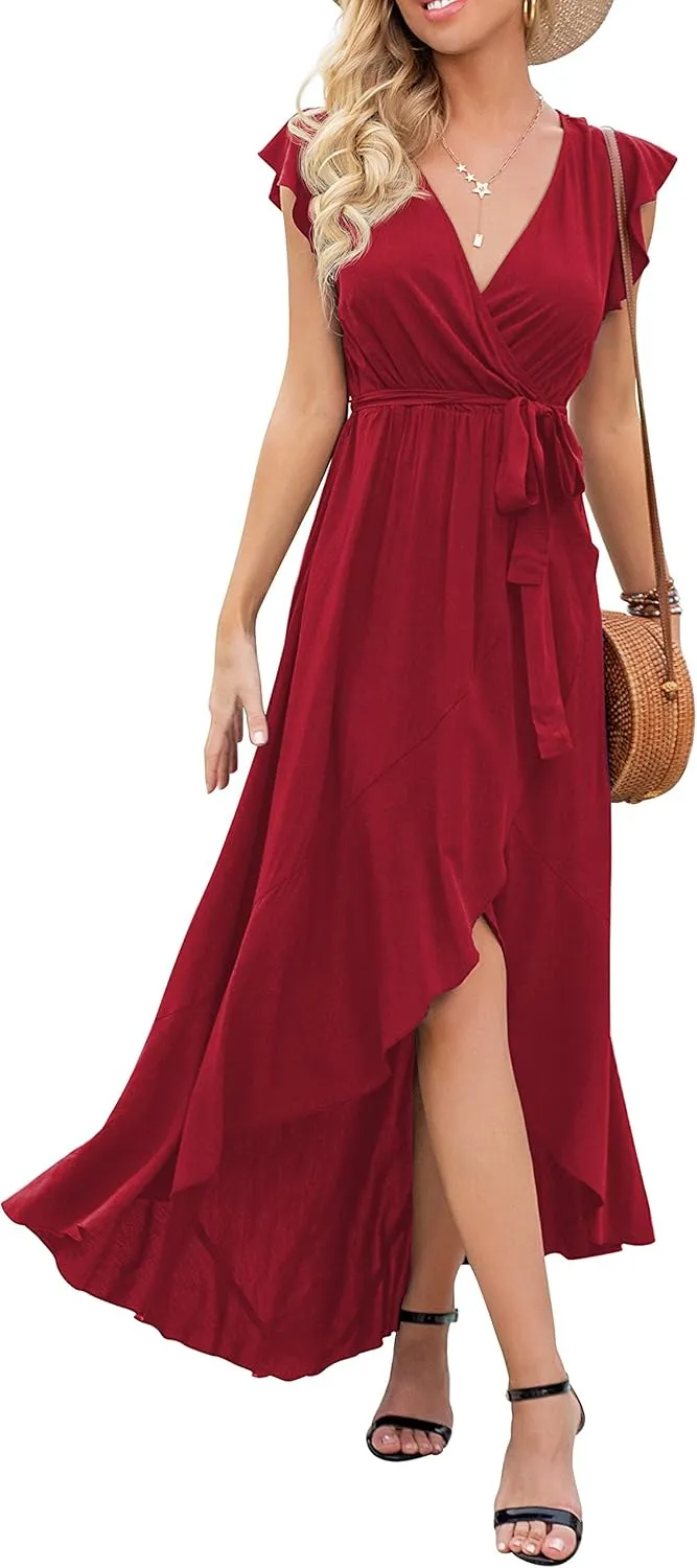 GRECERELLE 2025 Women's Spring Summer Boho Floral Print V-Neck Faux Wrap Maxi Dress for Wedding Guest, Graduation, Party