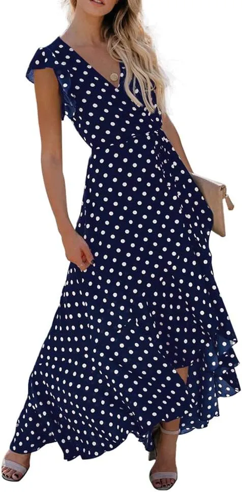 GRECERELLE 2025 Women's Spring Summer Boho Floral Print V-Neck Faux Wrap Maxi Dress for Wedding Guest, Graduation, Party