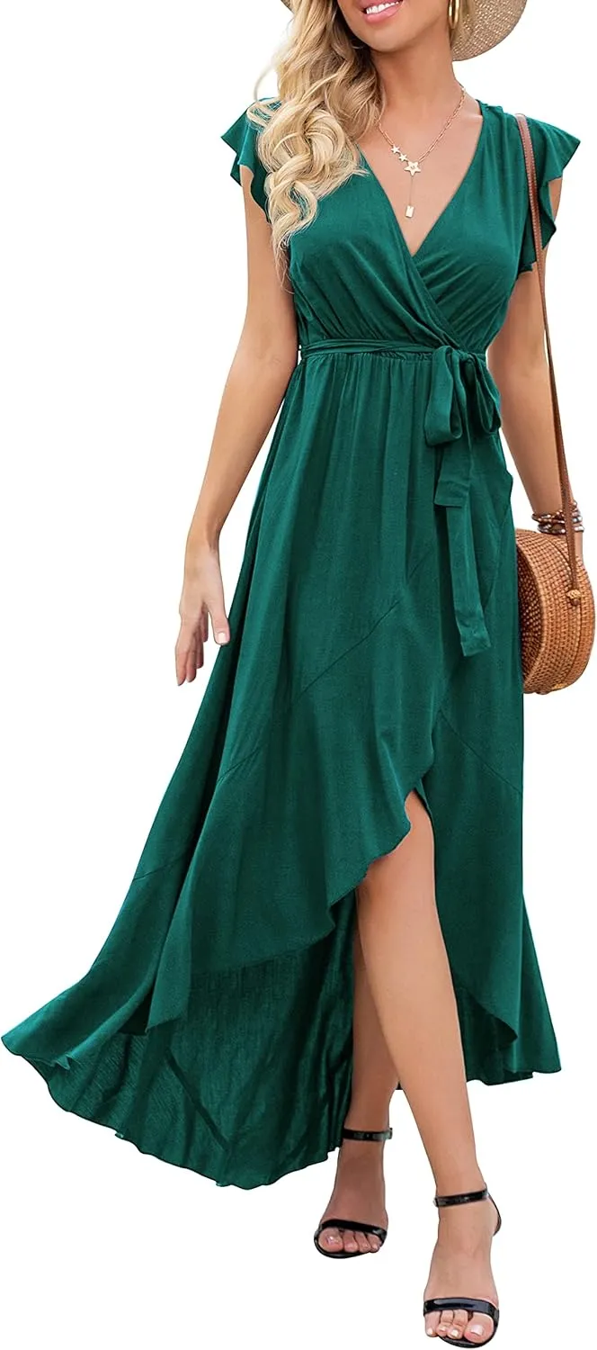 GRECERELLE 2025 Women's Spring Summer Boho Floral Print V-Neck Faux Wrap Maxi Dress for Wedding Guest, Graduation, Party