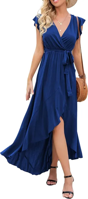 GRECERELLE 2025 Women's Spring Summer Boho Floral Print V-Neck Faux Wrap Maxi Dress for Wedding Guest, Graduation, Party