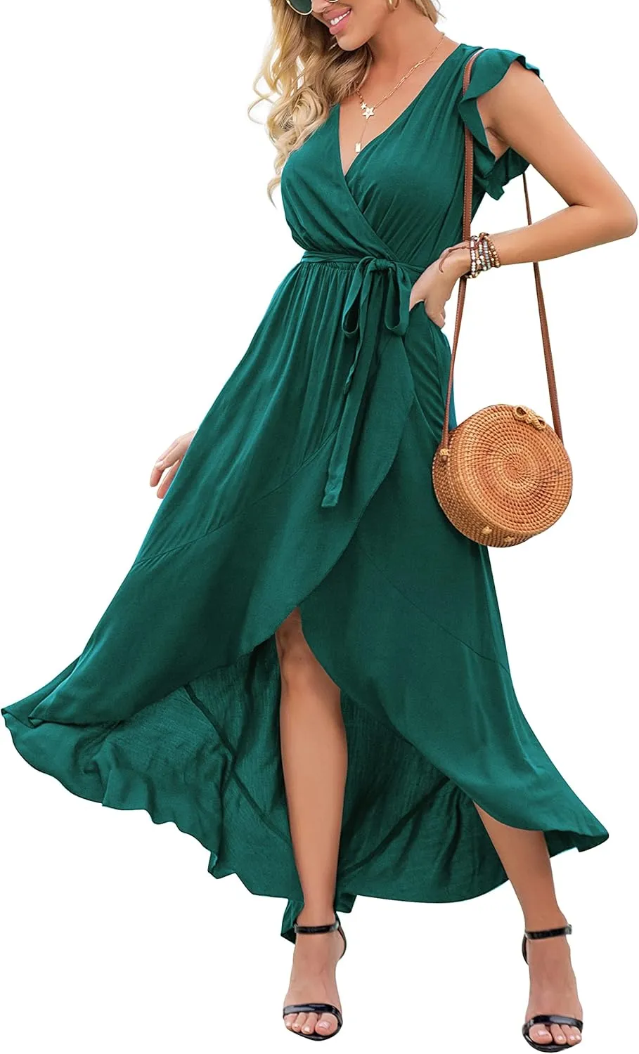GRECERELLE 2025 Women's Spring Summer Boho Floral Print V-Neck Faux Wrap Maxi Dress for Wedding Guest, Graduation, Party