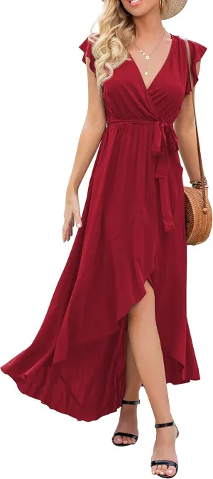 GRECERELLE 2025 Women's Spring Summer Boho Floral Print V-Neck Faux Wrap Maxi Dress for Wedding Guest, Graduation, Party