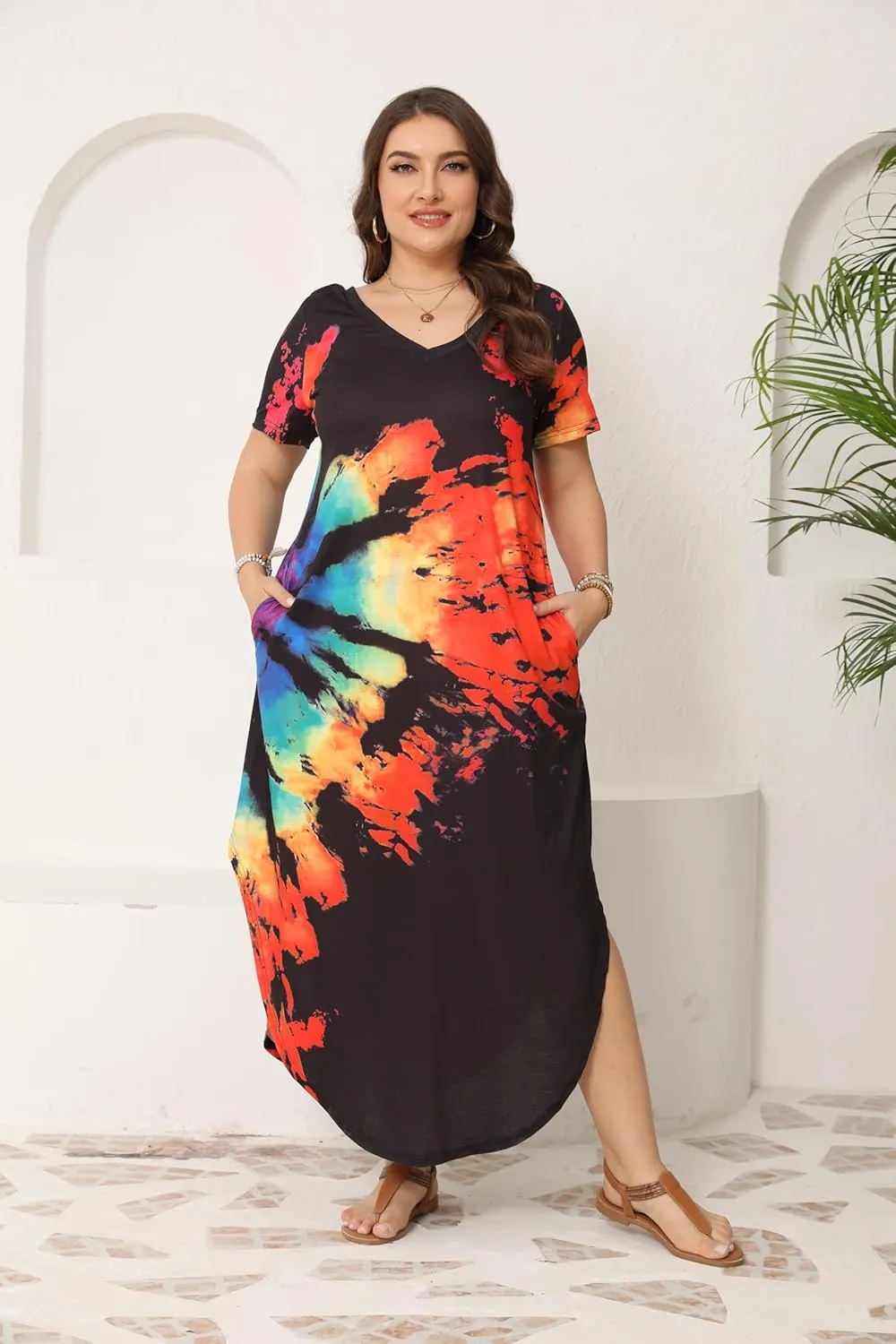 HBEYYTO Women's Plus Size Maxi Dresses V Neck Casual Short Sleeve Loose Pocket Slits Long Dress XL-5XL