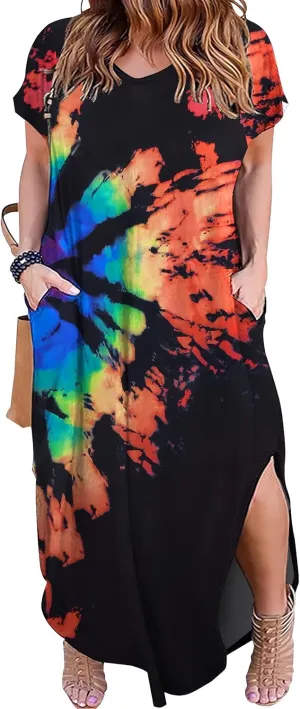 HBEYYTO Women's Plus Size Maxi Dresses V Neck Casual Short Sleeve Loose Pocket Slits Long Dress XL-5XL