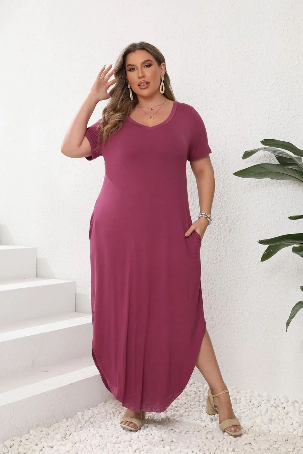 HBEYYTO Women's Plus Size Maxi Dresses V Neck Casual Short Sleeve Loose Pocket Slits Long Dress XL-5XL