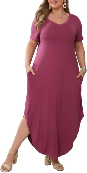 HBEYYTO Women's Plus Size Maxi Dresses V Neck Casual Short Sleeve Loose Pocket Slits Long Dress XL-5XL