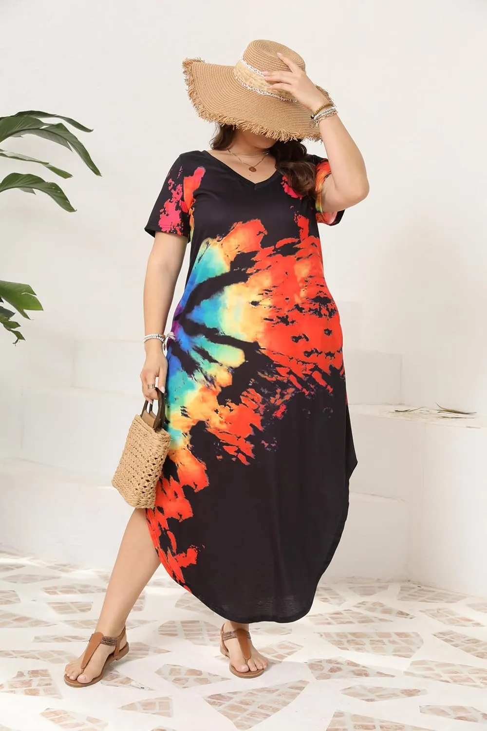 HBEYYTO Women's Plus Size Maxi Dresses V Neck Casual Short Sleeve Loose Pocket Slits Long Dress XL-5XL