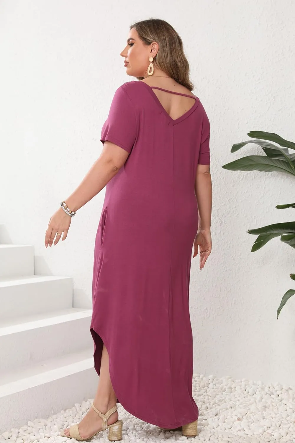 HBEYYTO Women's Plus Size Maxi Dresses V Neck Casual Short Sleeve Loose Pocket Slits Long Dress XL-5XL