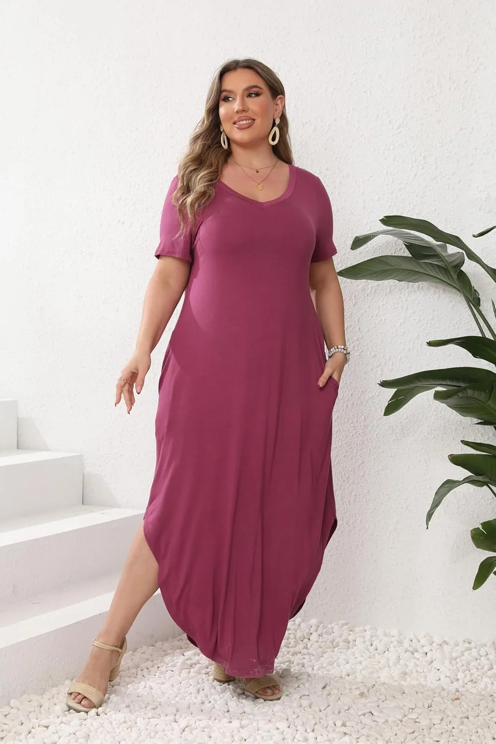 HBEYYTO Women's Plus Size Maxi Dresses V Neck Casual Short Sleeve Loose Pocket Slits Long Dress XL-5XL