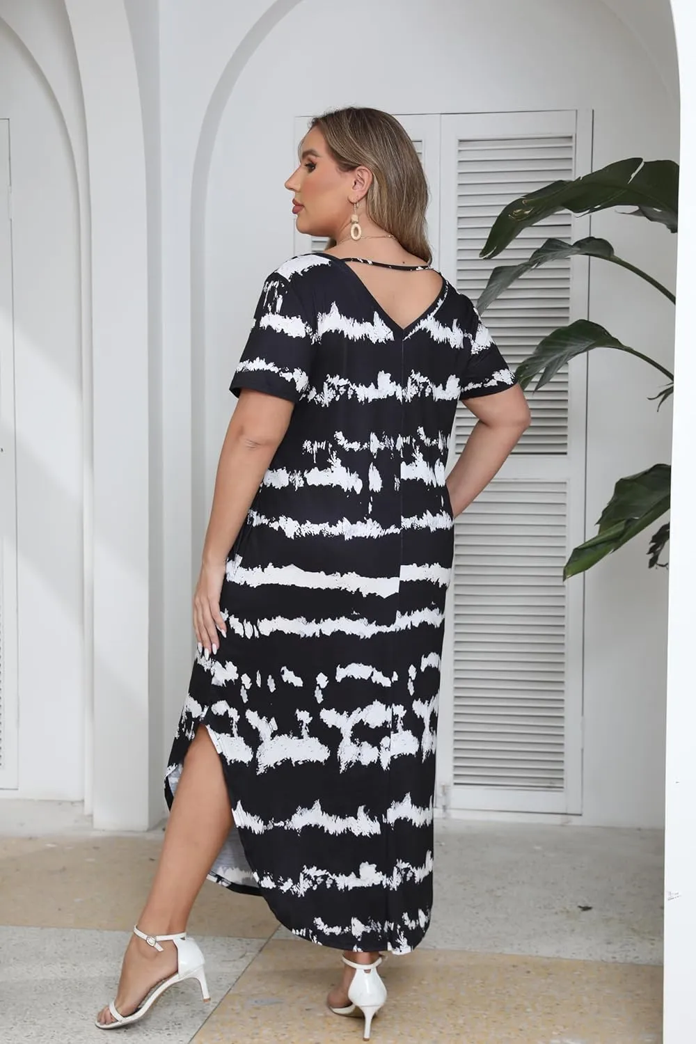 HBEYYTO Women's Plus Size Maxi Dresses V Neck Casual Short Sleeve Loose Pocket Slits Long Dress XL-5XL