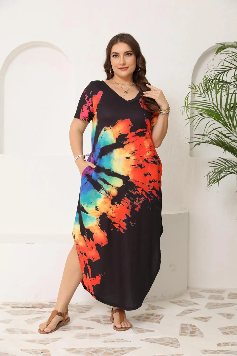 HBEYYTO Women's Plus Size Maxi Dresses V Neck Casual Short Sleeve Loose Pocket Slits Long Dress XL-5XL