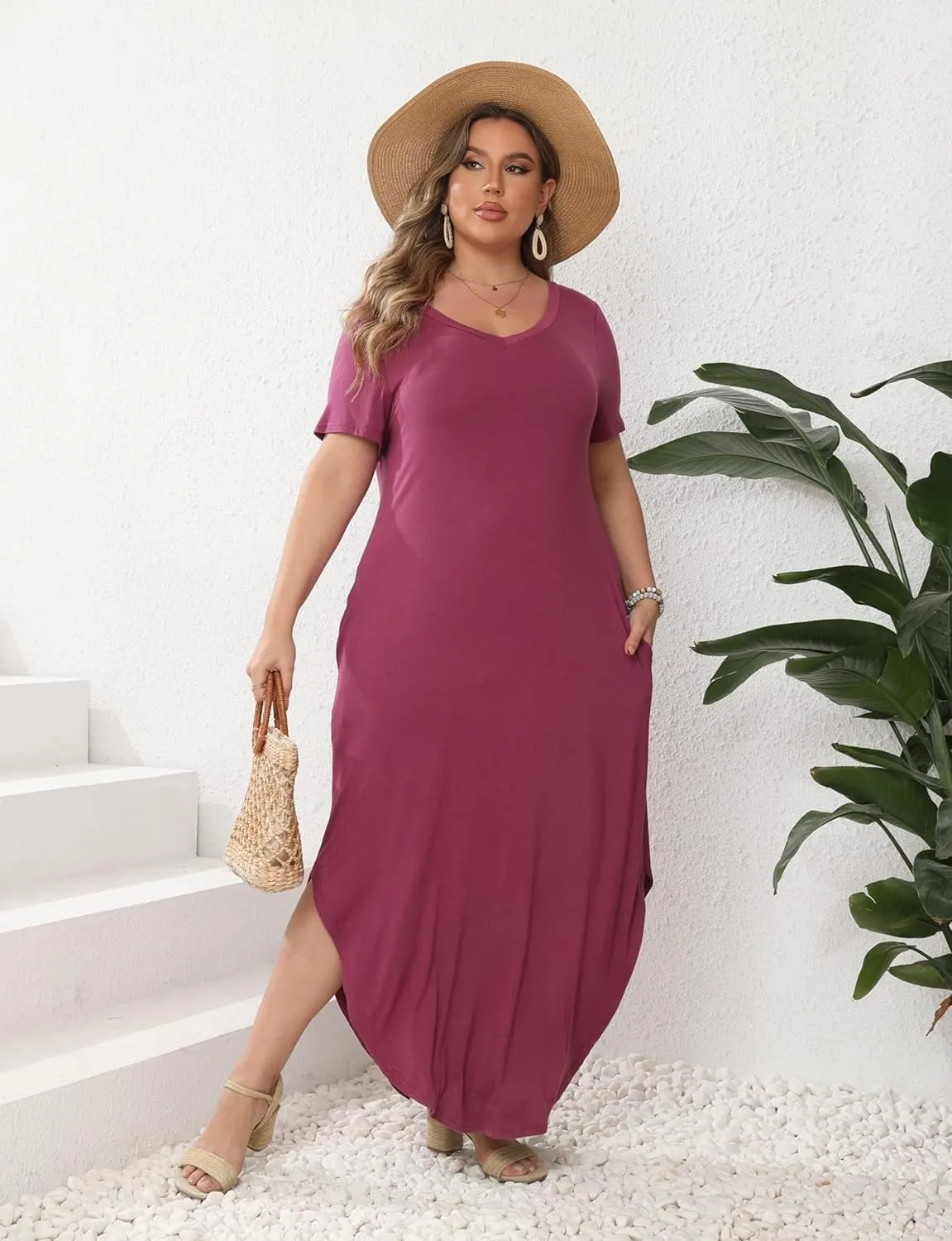 HBEYYTO Women's Plus Size Maxi Dresses V Neck Casual Short Sleeve Loose Pocket Slits Long Dress XL-5XL