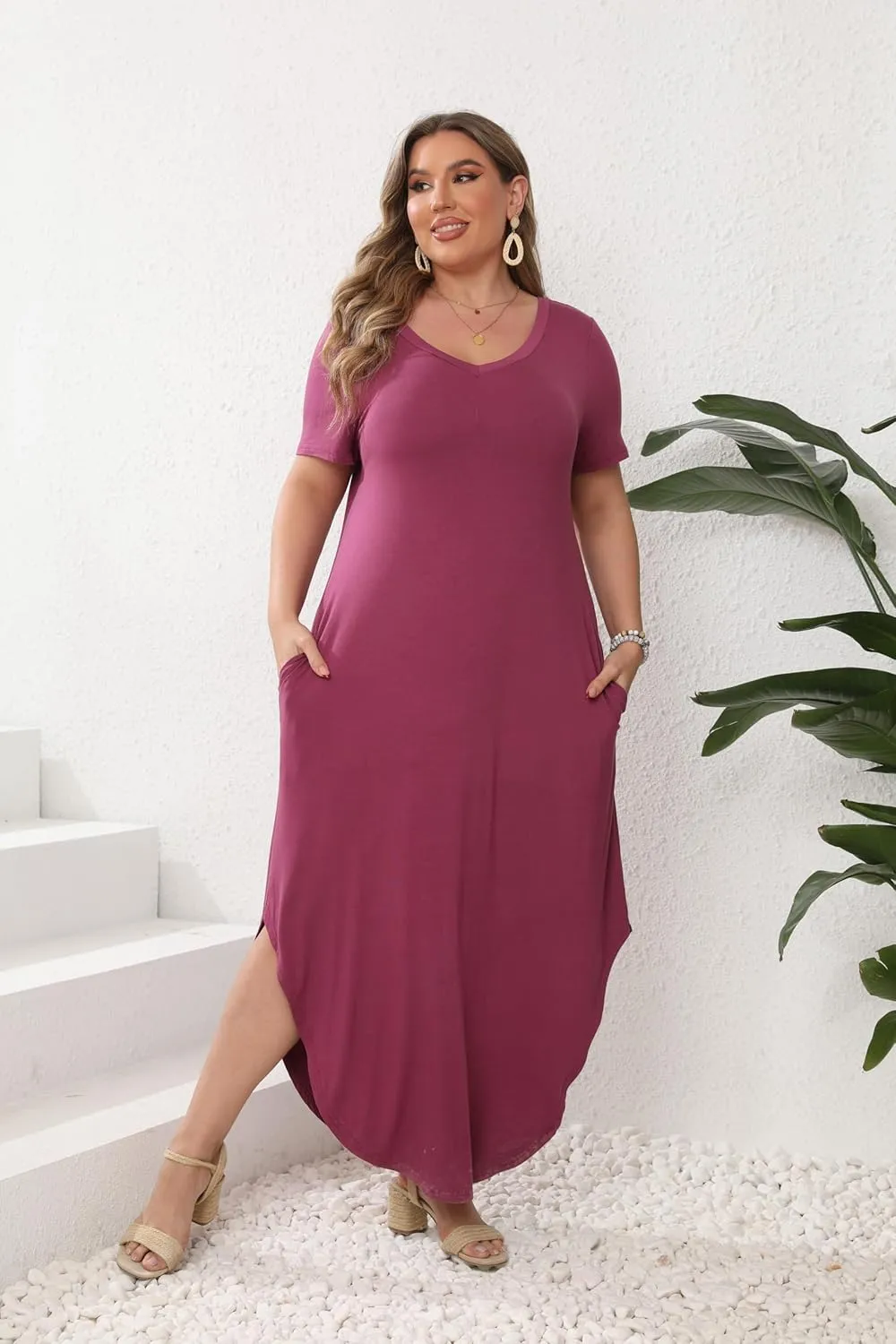 HBEYYTO Women's Plus Size Maxi Dresses V Neck Casual Short Sleeve Loose Pocket Slits Long Dress XL-5XL