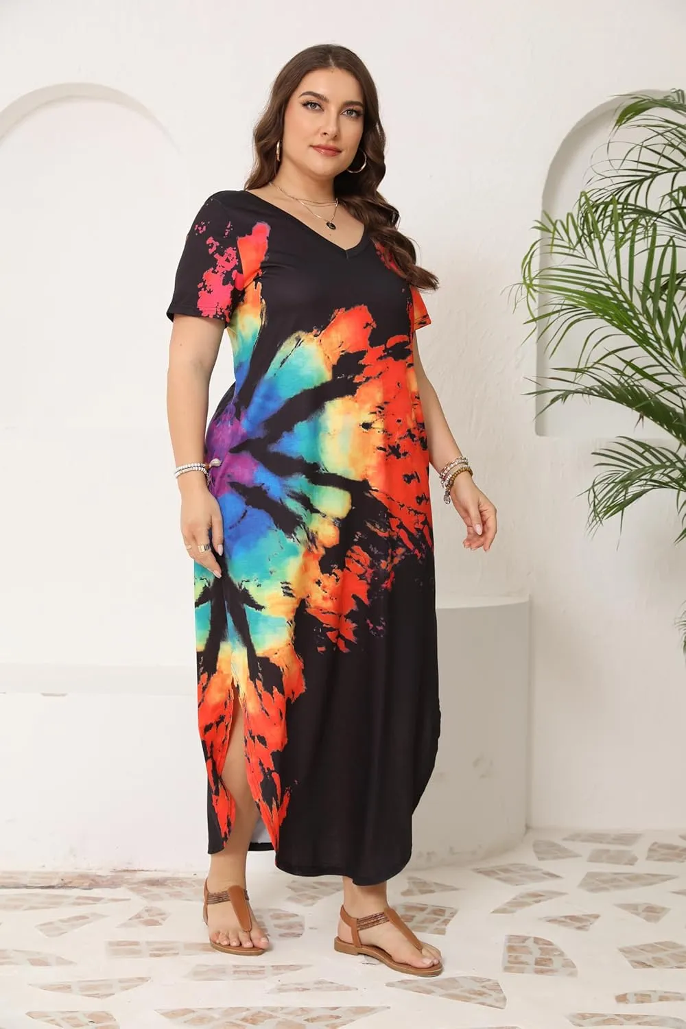 HBEYYTO Women's Plus Size Maxi Dresses V Neck Casual Short Sleeve Loose Pocket Slits Long Dress XL-5XL