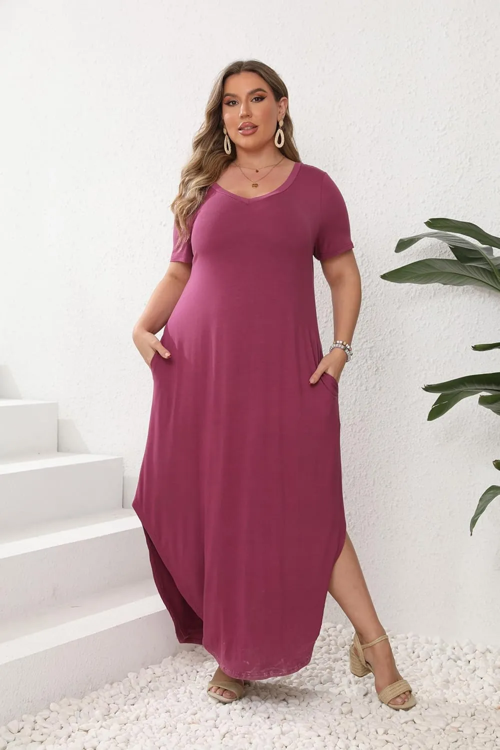 HBEYYTO Women's Plus Size Maxi Dresses V Neck Casual Short Sleeve Loose Pocket Slits Long Dress XL-5XL