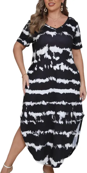 HBEYYTO Women's Plus Size Maxi Dresses V Neck Casual Short Sleeve Loose Pocket Slits Long Dress XL-5XL