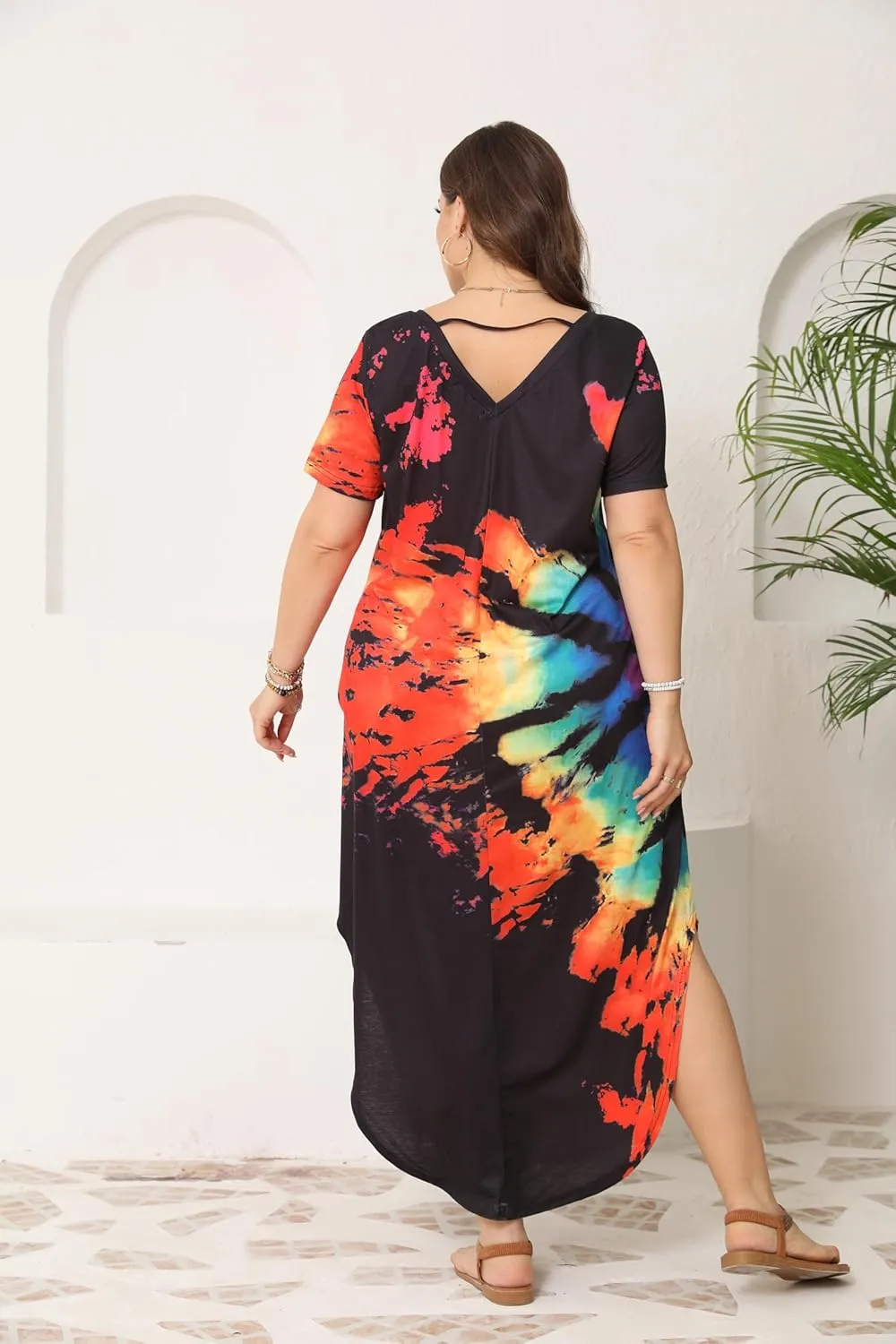 HBEYYTO Women's Plus Size Maxi Dresses V Neck Casual Short Sleeve Loose Pocket Slits Long Dress XL-5XL