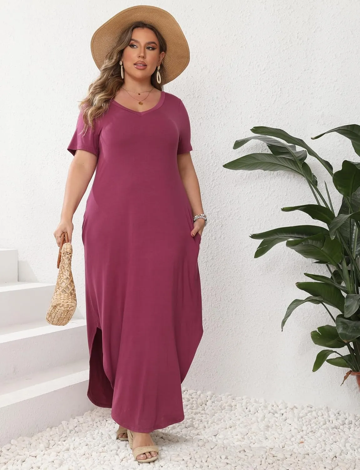 HBEYYTO Women's Plus Size Maxi Dresses V Neck Casual Short Sleeve Loose Pocket Slits Long Dress XL-5XL