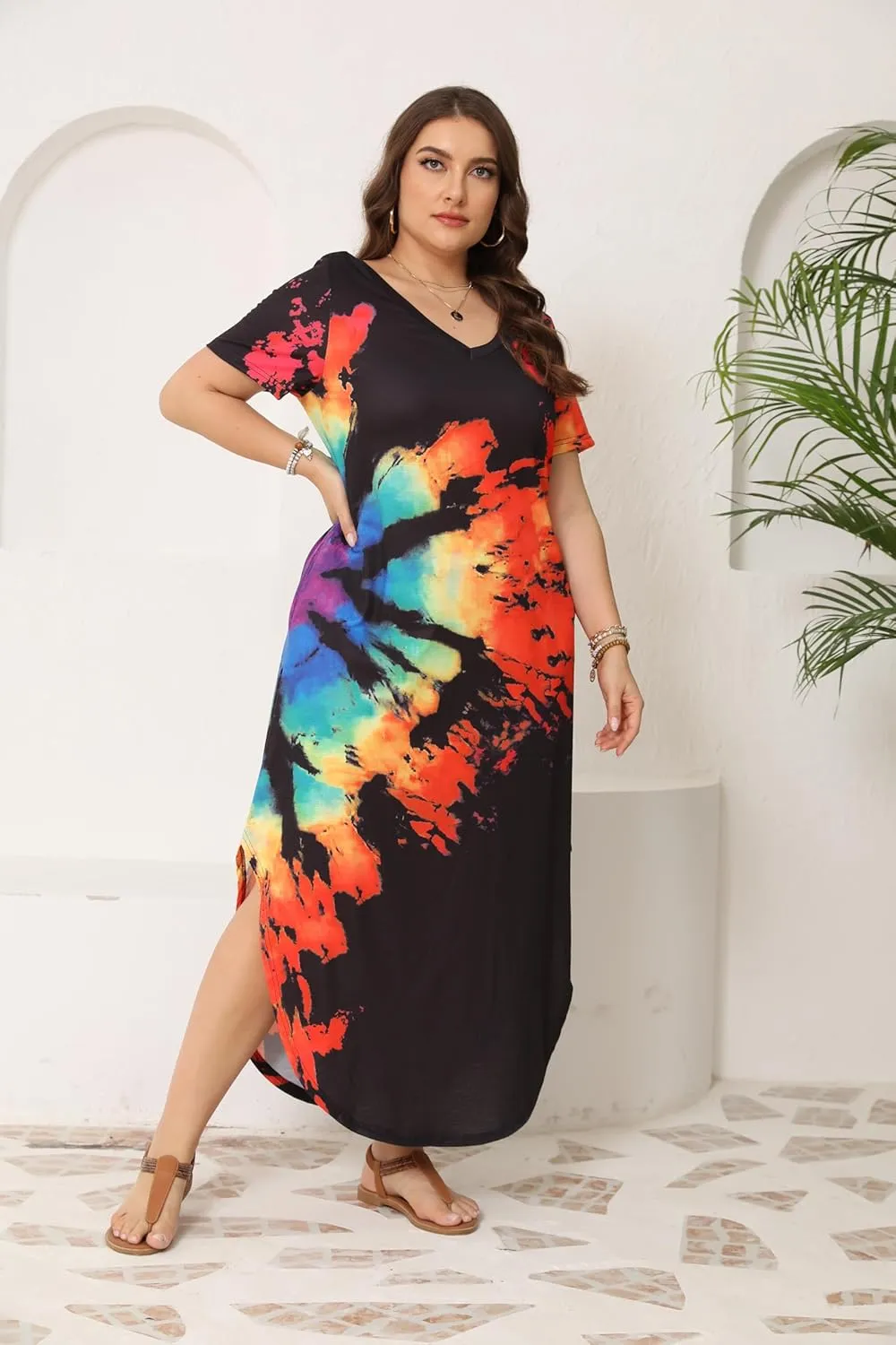 HBEYYTO Women's Plus Size Maxi Dresses V Neck Casual Short Sleeve Loose Pocket Slits Long Dress XL-5XL