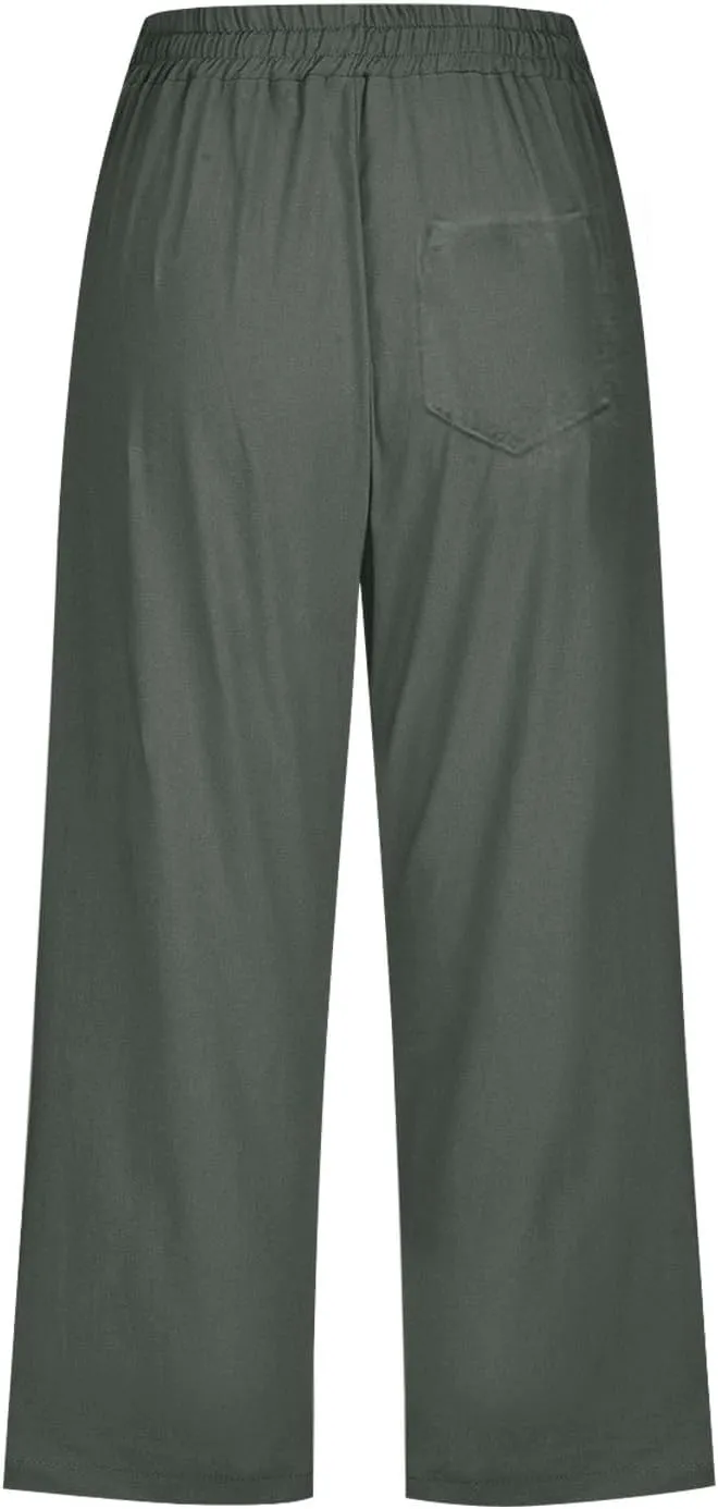High Waist Cotton Linen Capri Pants for Women Straight Leg Elastic Drawstring 3/4 Shorts Breathable Summer Beach Yoga Pant