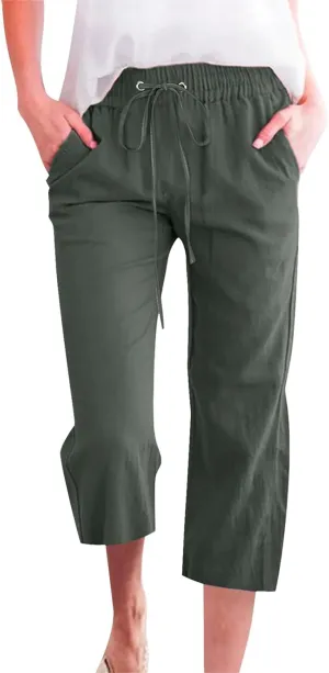 High Waist Cotton Linen Capri Pants for Women Straight Leg Elastic Drawstring 3/4 Shorts Breathable Summer Beach Yoga Pant
