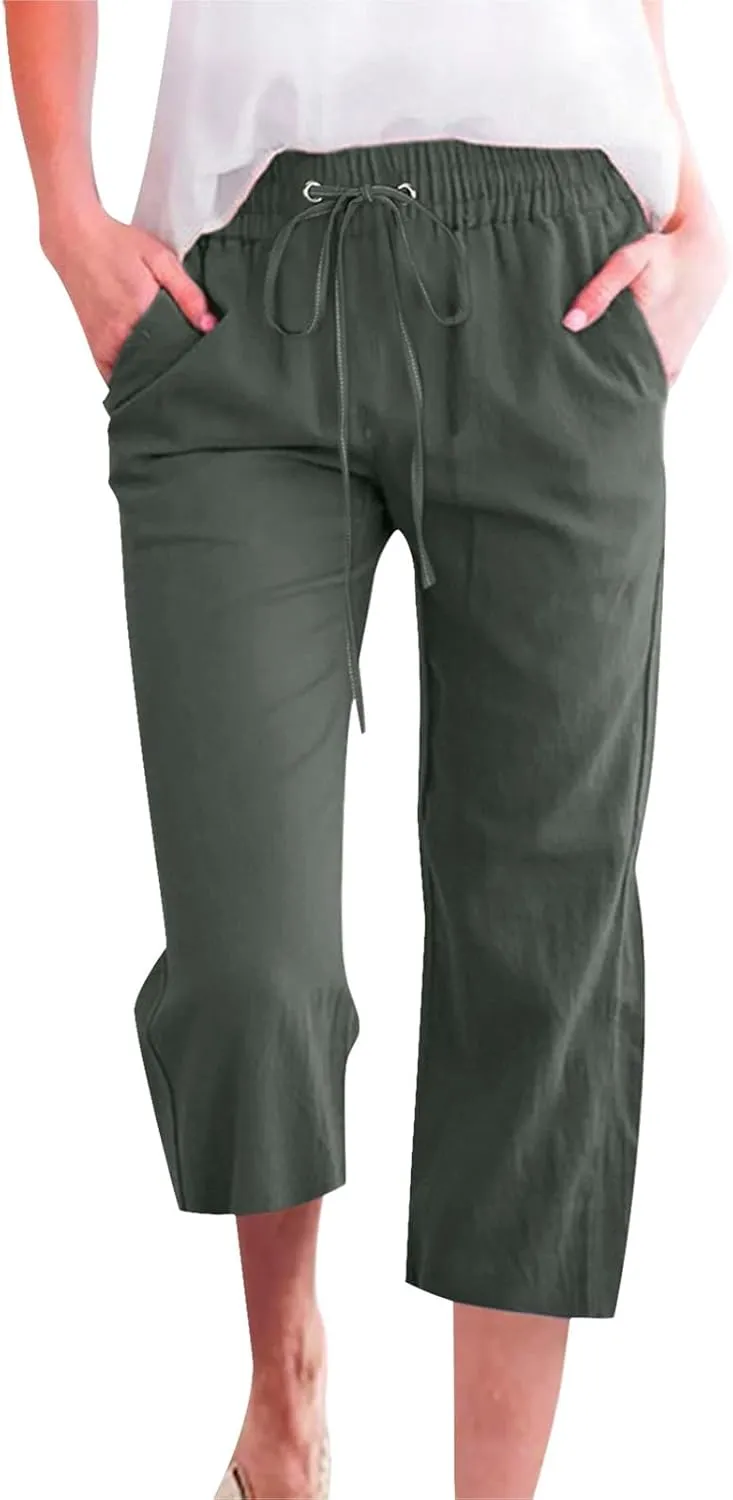 High Waist Cotton Linen Capri Pants for Women Straight Leg Elastic Drawstring 3/4 Shorts Breathable Summer Beach Yoga Pant