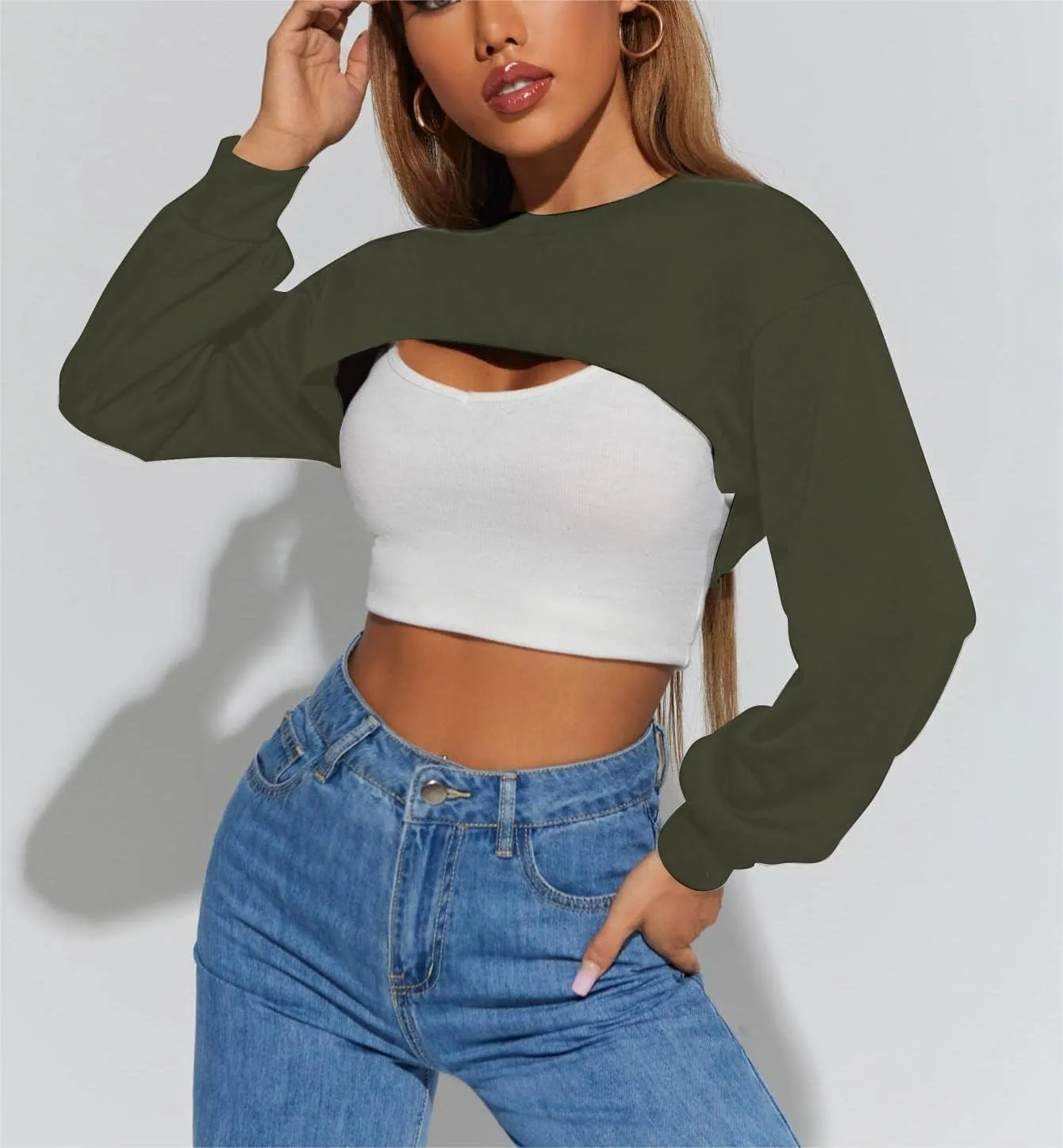 Hilinker Women's Crewneck Long Sleeve Crop Top Casual Loose Cropped Sweatshirt Workout