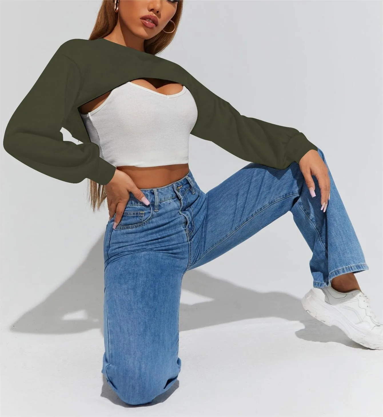 Hilinker Women's Crewneck Long Sleeve Crop Top Casual Loose Cropped Sweatshirt Workout