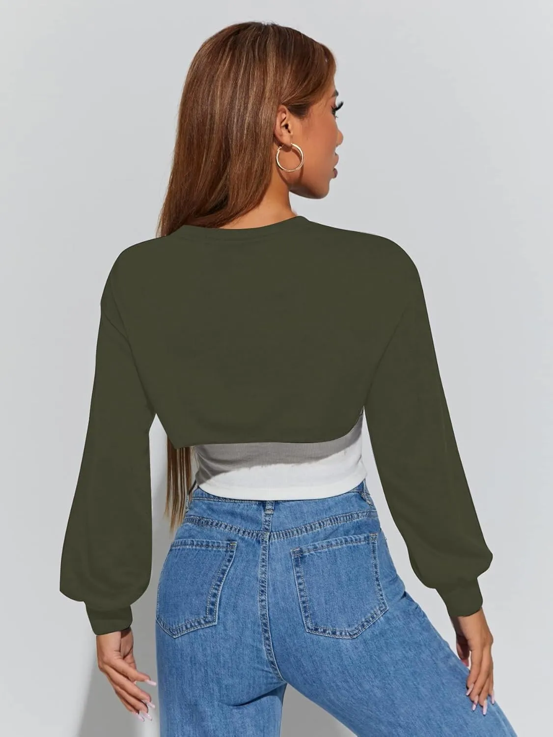 Hilinker Women's Crewneck Long Sleeve Crop Top Casual Loose Cropped Sweatshirt Workout