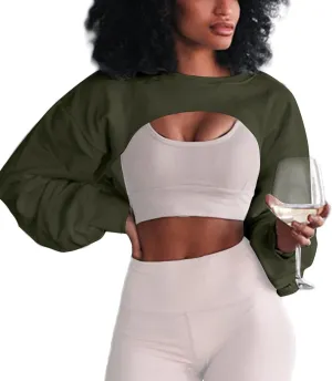Hilinker Women's Crewneck Long Sleeve Crop Top Casual Loose Cropped Sweatshirt Workout