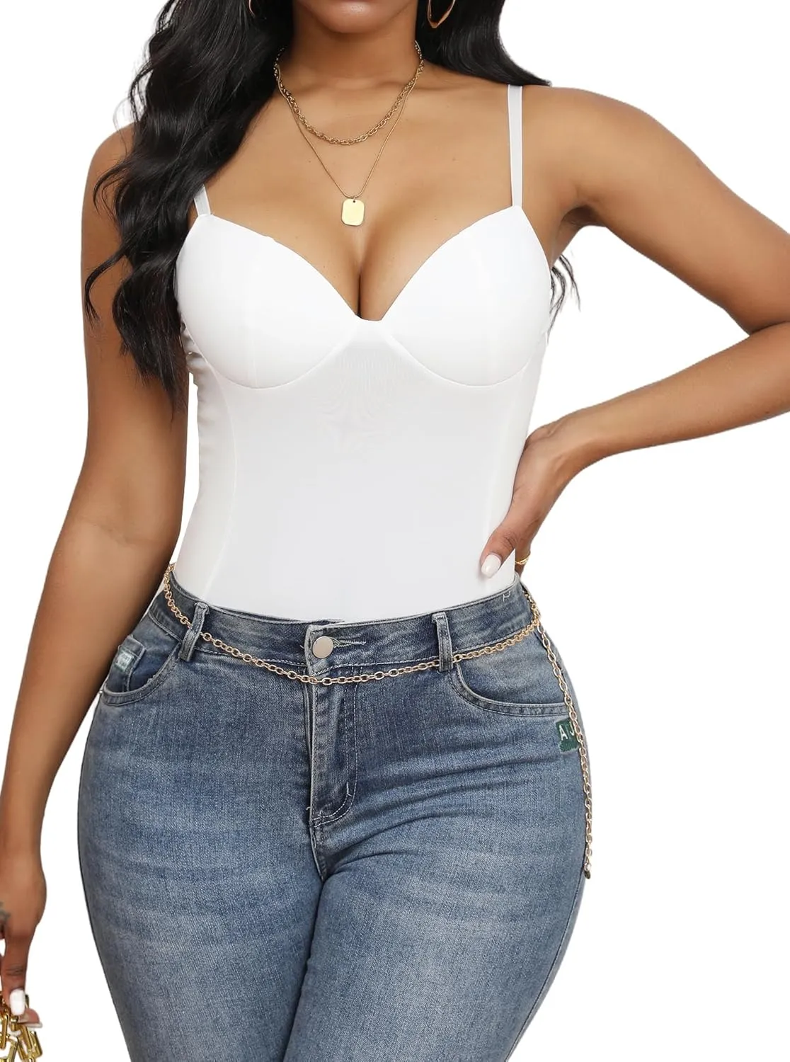 Hilinker Women's V Neck Spaghetti Strap Bodysuit Sexy Sleeveless Camisole Bustier Top