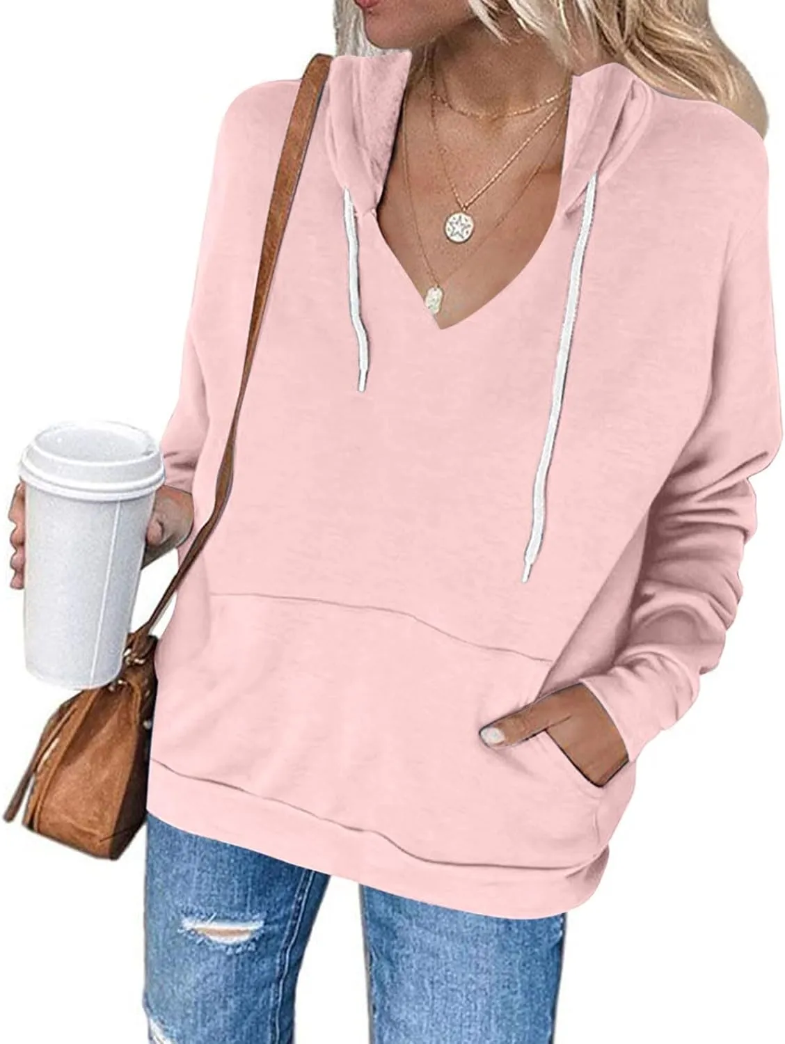 Hoodies For Women Casual Solid Color Long Sleeve v Neck Hooded Sweatshirt Loose Comfy Fall Fashion Pullover Tops 2024