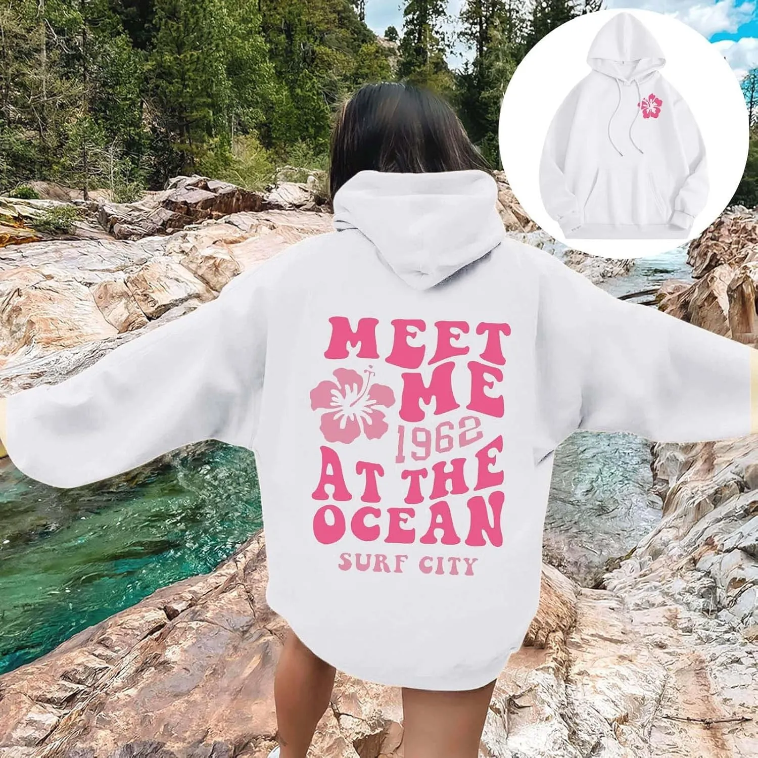 hoodies for women,Preppy Casual Letter Floral Print Sweatshirt Drawstring Oversized Graphic Pullover Cute Hoodies