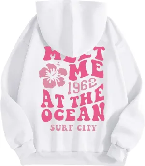 hoodies for women,Preppy Casual Letter Floral Print Sweatshirt Drawstring Oversized Graphic Pullover Cute Hoodies