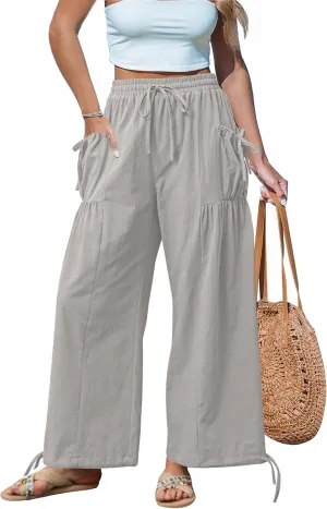 HVT Women's Boho Pants Casual Loose Summer Wide Leg Drawstring High Waist Palazzo Trousers Beach Pants with Pockets