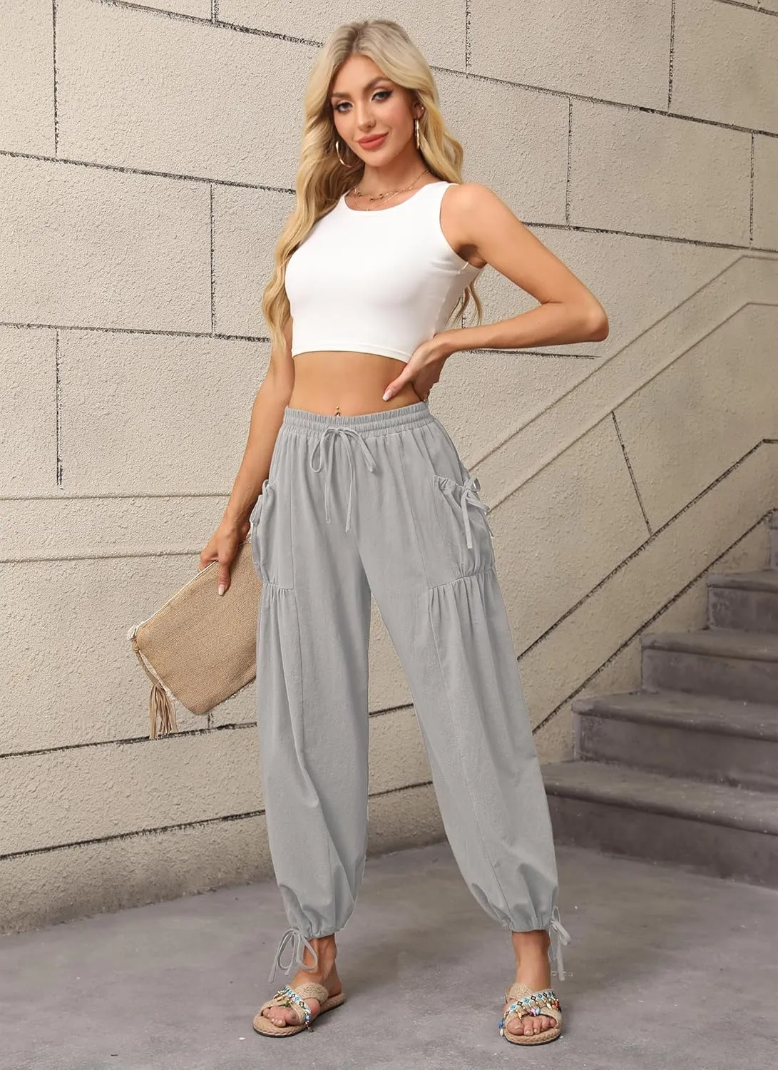 HVT Women's Boho Pants Casual Loose Summer Wide Leg Drawstring High Waist Palazzo Trousers Beach Pants with Pockets
