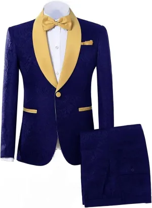 Jacquard Groom Tuxedos Groomsmen One Button Gold Shawl Lapel Formal Best Man Blazer Pant Men Wedding Suits