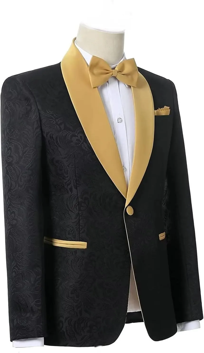 Jacquard Groom Tuxedos Groomsmen One Button Gold Shawl Lapel Formal Best Man Blazer Pant Men Wedding Suits
