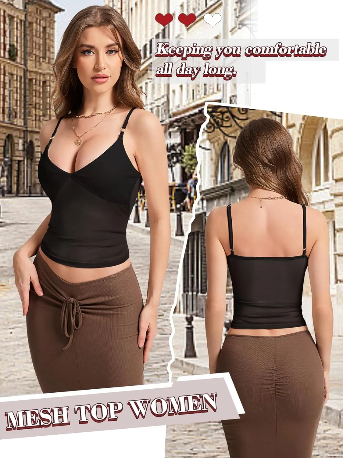 Jenbou Women's Y2K Mesh Tank Top Sexy Going Out Outfits V Neck Spaghetti Strap Camisole Backless Summer Tops Shirt