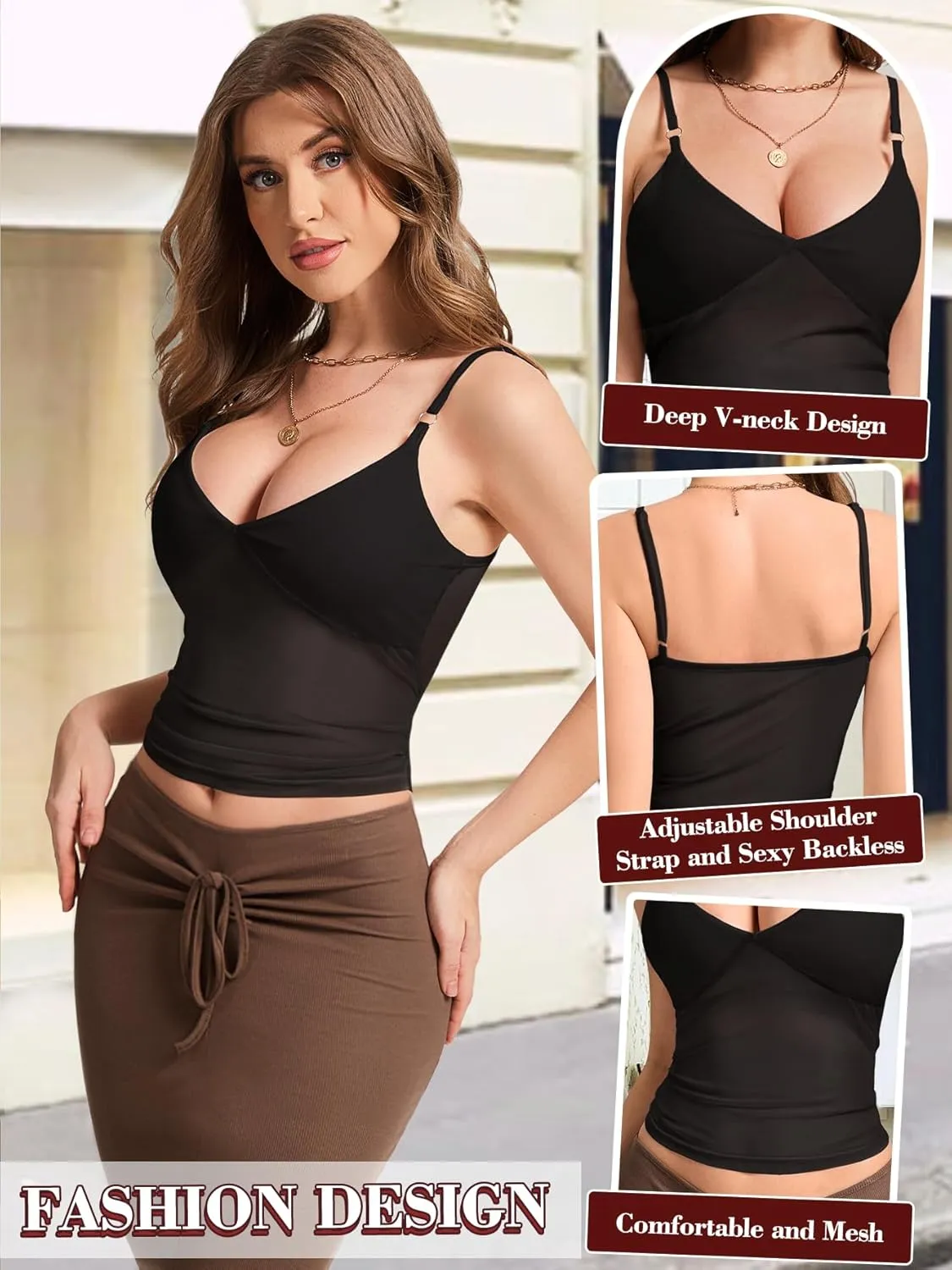 Jenbou Women's Y2K Mesh Tank Top Sexy Going Out Outfits V Neck Spaghetti Strap Camisole Backless Summer Tops Shirt