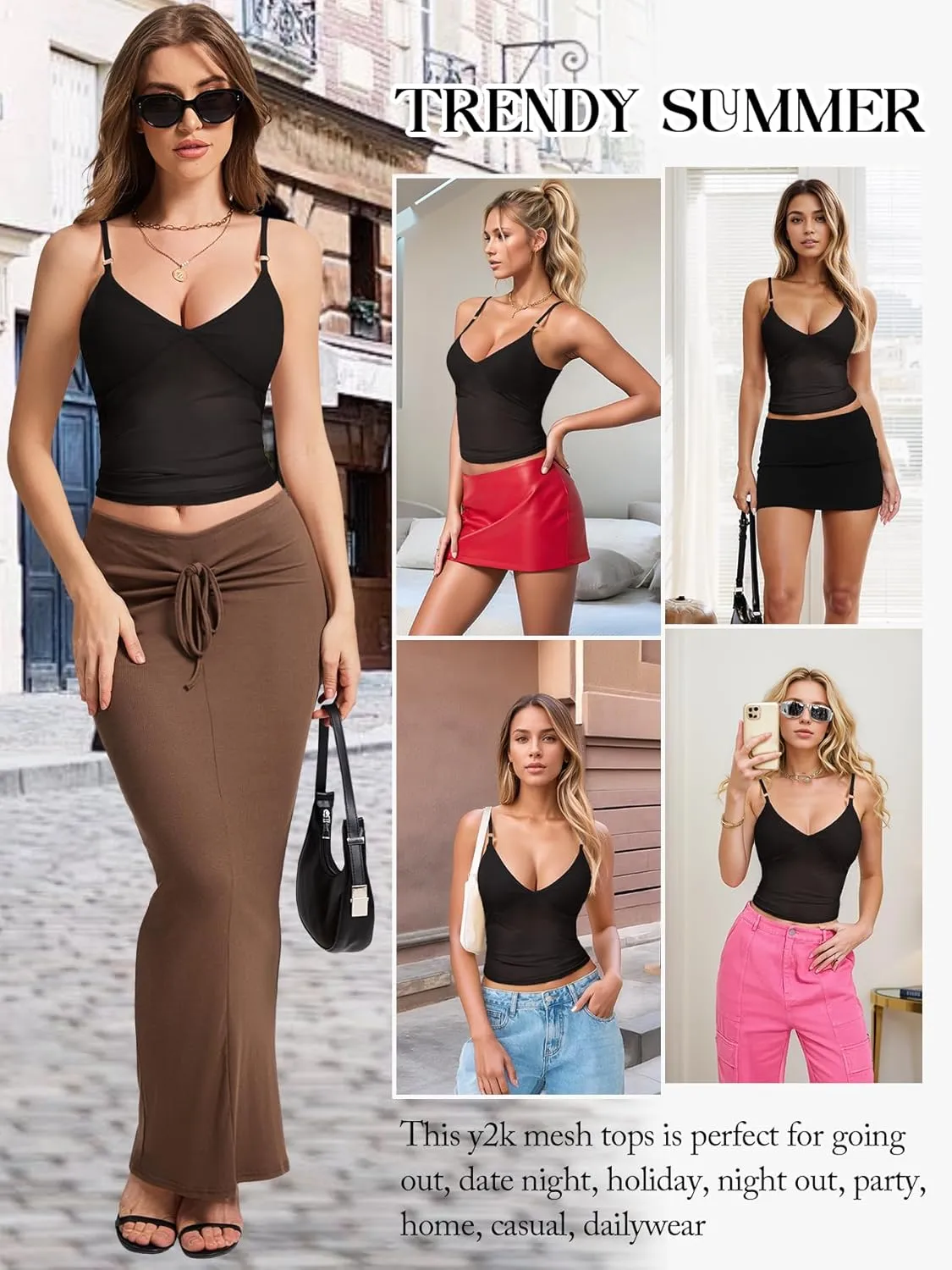 Jenbou Women's Y2K Mesh Tank Top Sexy Going Out Outfits V Neck Spaghetti Strap Camisole Backless Summer Tops Shirt